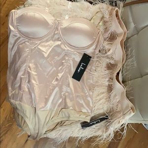LULUS Satin and feather bodysuit and skirt set